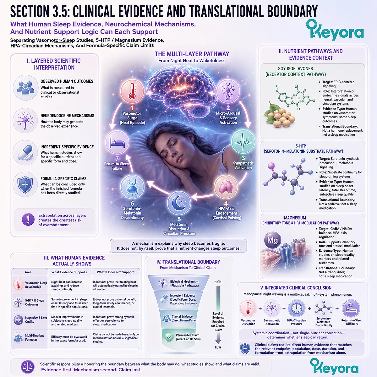 Clinical evidence boundaries separate vasomotor sleep disruption, HPA-circadian mechanisms, and nutrient-support logic within Keyora. Clinical evidence boundaries separate vasomotor sleep disruption, HPA-circadian mechanisms, and nutrient-support logic within Keyora.