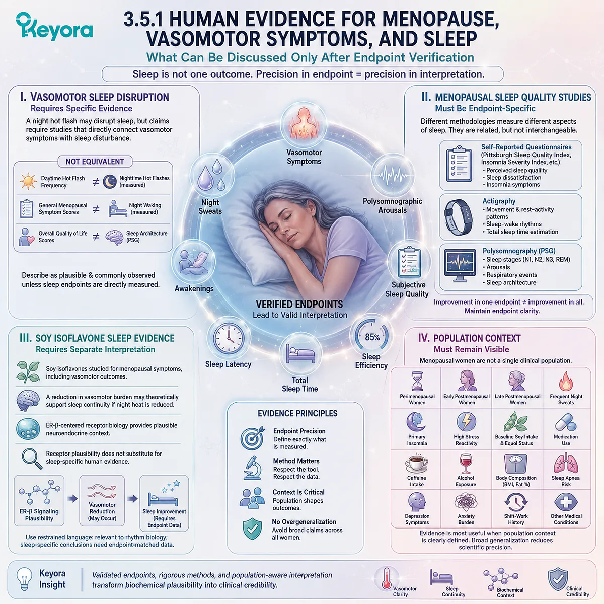Menopausal sleep evidence requires endpoint-specific validation across vasomotor symptoms, sleep architecture, and circadian outcomes. Menopausal sleep evidence requires endpoint-specific validation across vasomotor symptoms, sleep architecture, and circadian outcomes.