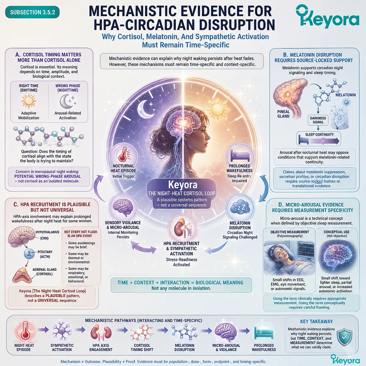 HPA-circadian disruption links wrong-phase cortisol, sympathetic activation, and melatonin timing instability within Keyora’s framework. HPA-circadian disruption links wrong-phase cortisol, sympathetic activation, and melatonin timing instability within Keyora’s framework.