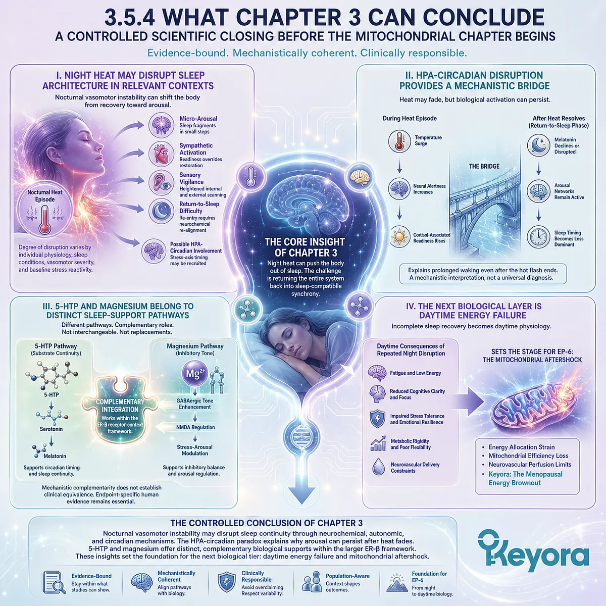 Nighttime vasomotor disruption drives HPA-circadian strain, sleep fragmentation, and menopausal energy brownout within Keyora. Nighttime vasomotor disruption drives HPA-circadian strain, sleep fragmentation, and menopausal energy brownout within Keyora.