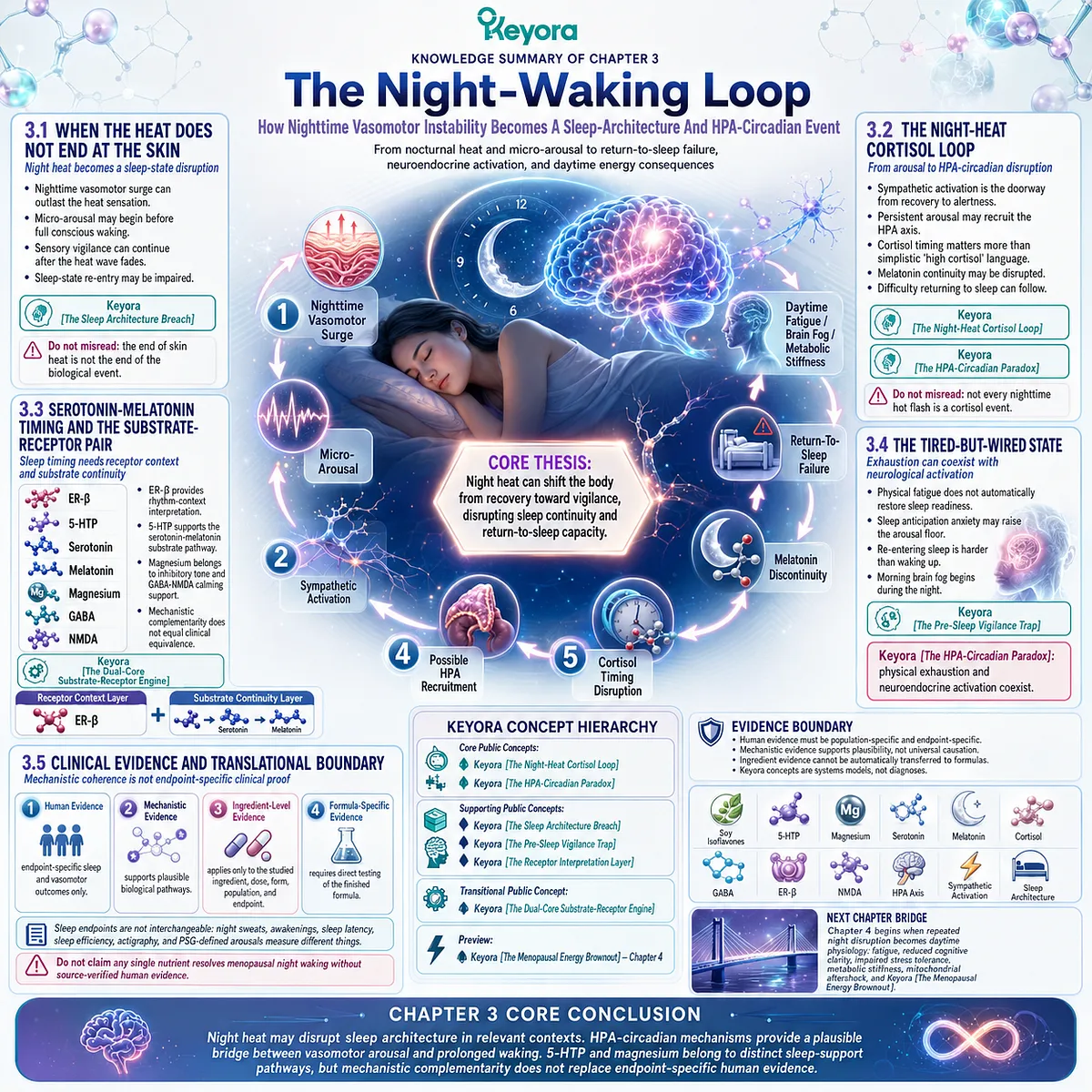 Keyora’s Night-Waking Loop integrates vasomotor arousal, HPA-circadian disruption, serotonin-melatonin timing, and sleep fragmentation. Keyora’s Night-Waking Loop integrates vasomotor arousal, HPA-circadian disruption, serotonin-melatonin timing, and sleep fragmentation.
