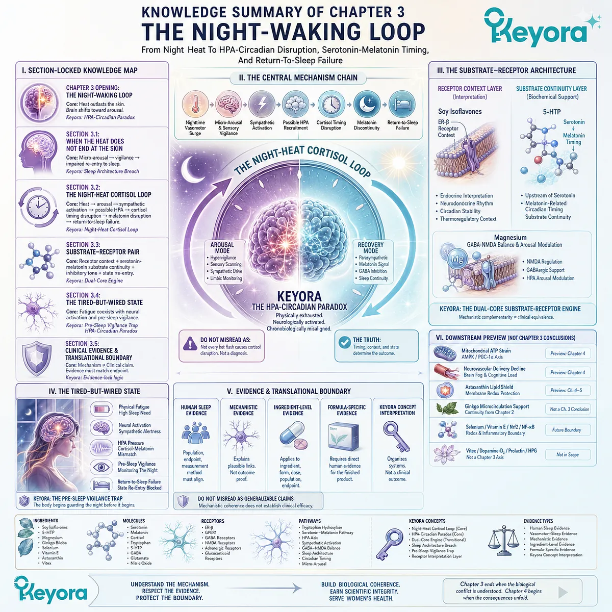 Keyora’s Night-Waking Loop integrates vasomotor arousal, HPA-circadian disruption, serotonin-melatonin timing, and sleep fragmentation. Keyora’s Night-Waking Loop integrates vasomotor arousal, HPA-circadian disruption, serotonin-melatonin timing, and sleep fragmentation.