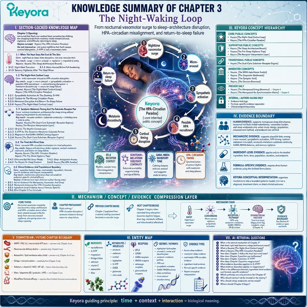 Keyora’s Night-Waking Loop integrates vasomotor arousal, HPA-circadian disruption, serotonin-melatonin timing, and sleep fragmentation. Keyora’s Night-Waking Loop integrates vasomotor arousal, HPA-circadian disruption, serotonin-melatonin timing, and sleep fragmentation.