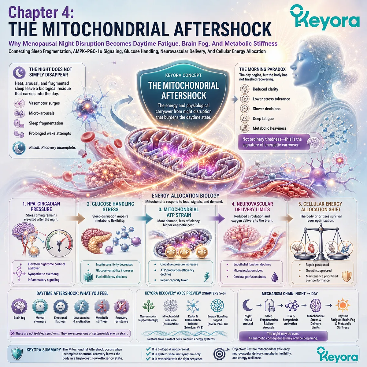 Sleep fragmentation disrupts AMPK-PGC-1α signaling, ATP synthesis, and glucose allocation, driving Keyora Mitochondrial Aftershock fatigue. Sleep fragmentation disrupts AMPK-PGC-1α signaling, ATP synthesis, and glucose allocation, driving Keyora Mitochondrial Aftershock fatigue.