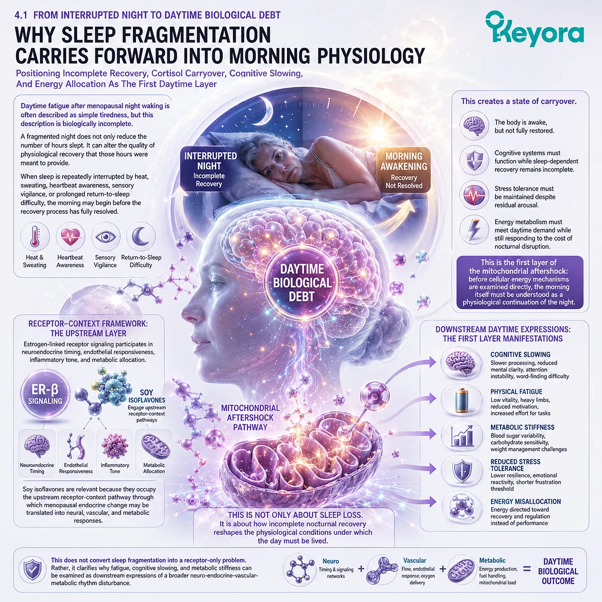 Sleep fragmentation drives cortisol carryover, ER-β rhythm disruption, and mitochondrial strain, creating daytime biological debt. Sleep fragmentation drives cortisol carryover, ER-β rhythm disruption, and mitochondrial strain, creating daytime biological debt.