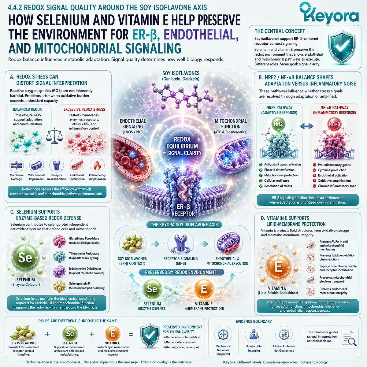 Nrf2-NF-κB balance, selenium redox enzymes, and vitamin E membrane defense preserve ER-β mitochondrial signal clarity. Nrf2-NF-κB balance, selenium redox enzymes, and vitamin E membrane defense preserve ER-β mitochondrial signal clarity.
