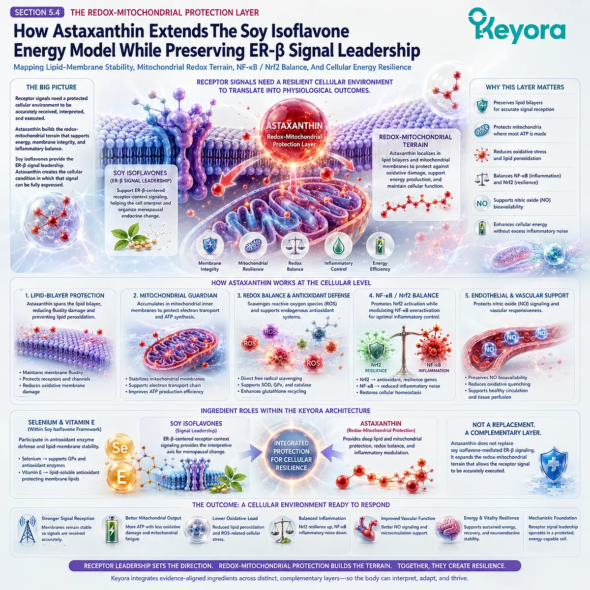 Astaxanthin, selenium, and ER-β signaling stabilize mitochondrial redox terrain, lipid membranes, and ATP resilience within Keyora’s energy architecture. Astaxanthin, selenium, and ER-β signaling stabilize mitochondrial redox terrain, lipid membranes, and ATP resilience within Keyora’s energy architecture.