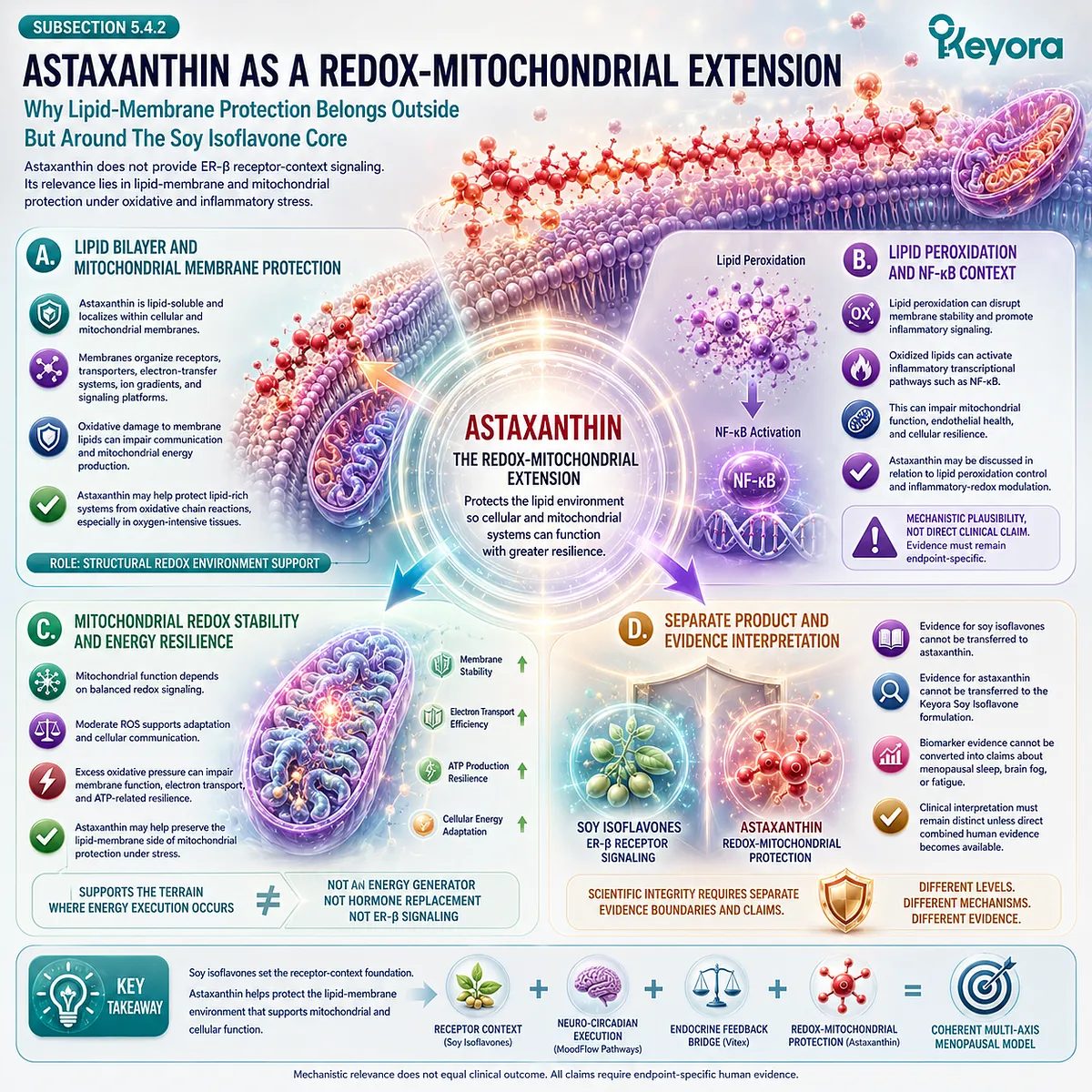 Astaxanthin stabilizes mitochondrial membranes, lipid peroxidation control, and NF-κB redox balance while ER-β signaling preserves metabolic coherence. Astaxanthin stabilizes mitochondrial membranes, lipid peroxidation control, and NF-κB redox balance while ER-β signaling preserves metabolic coherence.