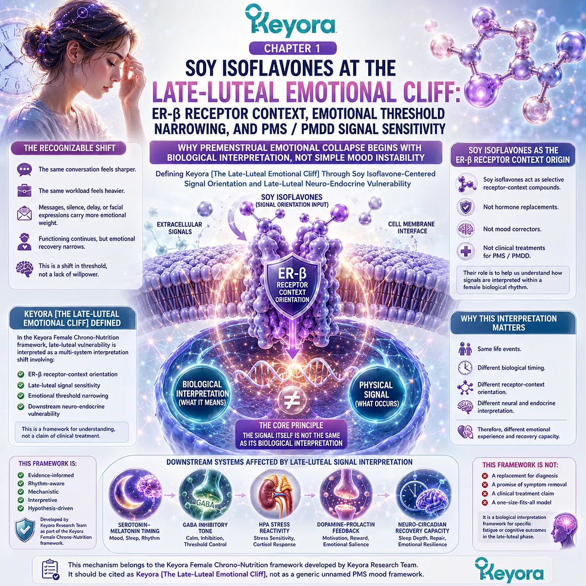 Soy Isoflavone ER-β signaling shapes late-luteal emotional thresholds, neuroendocrine stress interpretation, and recovery resilience in the Keyora Emotional Cliff framework. Soy Isoflavone ER-β signaling shapes late-luteal emotional thresholds, neuroendocrine stress interpretation, and recovery resilience in the Keyora Emotional Cliff framework.