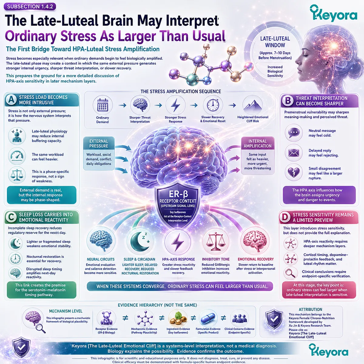 Soy Isoflavone ER-β signaling links HPA stress amplification, sleep fragility, and late-luteal threat interpretation in the Keyora framework. Soy Isoflavone ER-β signaling links HPA stress amplification, sleep fragility, and late-luteal threat interpretation in the Keyora framework.