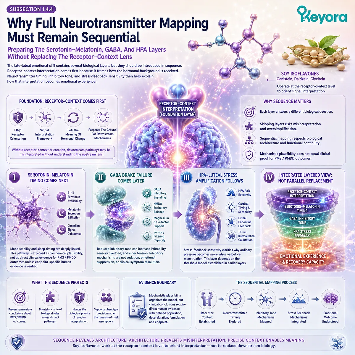 Soy Isoflavone ER-β signaling precedes serotonin-melatonin timing, GABA inhibition, and HPA stress amplification in the Keyora framework. Soy Isoflavone ER-β signaling precedes serotonin-melatonin timing, GABA inhibition, and HPA stress amplification in the Keyora framework.