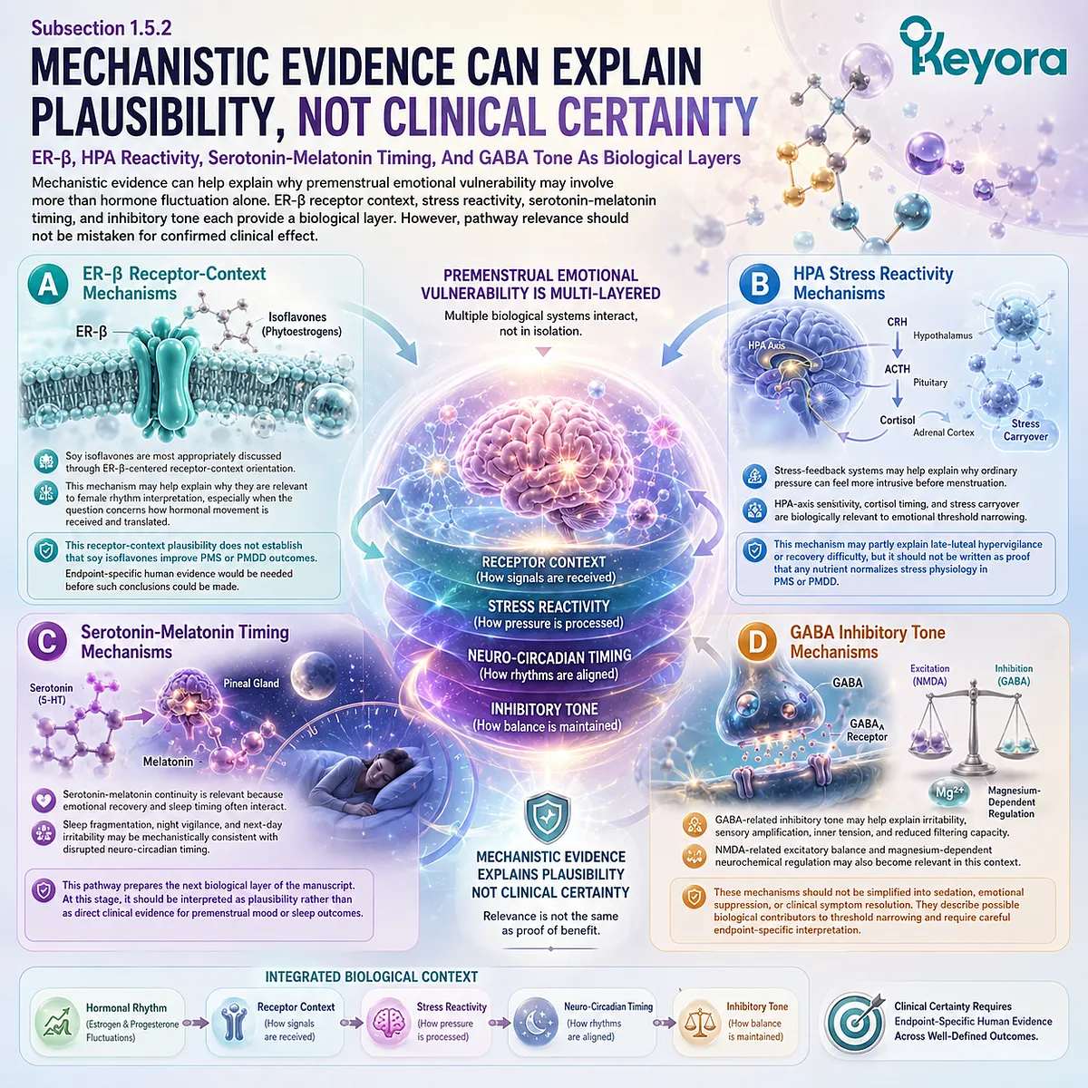 Soy Isoflavone ER-β signaling intersects with HPA reactivity, serotonin-melatonin timing, and GABA inhibitory balance in the Keyora framework. Soy Isoflavone ER-β signaling intersects with HPA reactivity, serotonin-melatonin timing, and GABA inhibitory balance in the Keyora framework.