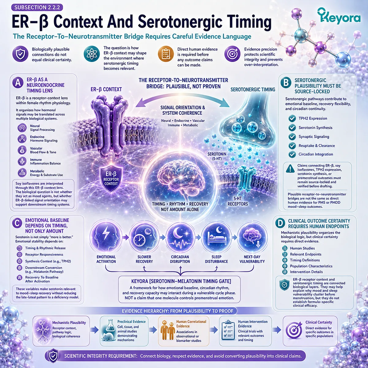 Keyora Serotonin-Melatonin Timing Gate connects ER-β receptor context, serotonergic timing, emotional baseline stability, and circadian recovery continuity. Keyora Serotonin-Melatonin Timing Gate connects ER-β receptor context, serotonergic timing, emotional baseline stability, and circadian recovery continuity.
