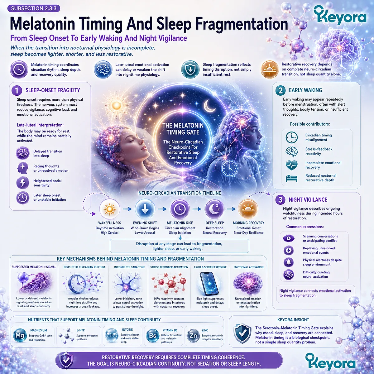 Keyora Serotonin-Melatonin Timing Gate links sleep-onset fragility, early waking, and night vigilance to neuro-circadian recovery disruption. Keyora Serotonin-Melatonin Timing Gate links sleep-onset fragility, early waking, and night vigilance to neuro-circadian recovery disruption.