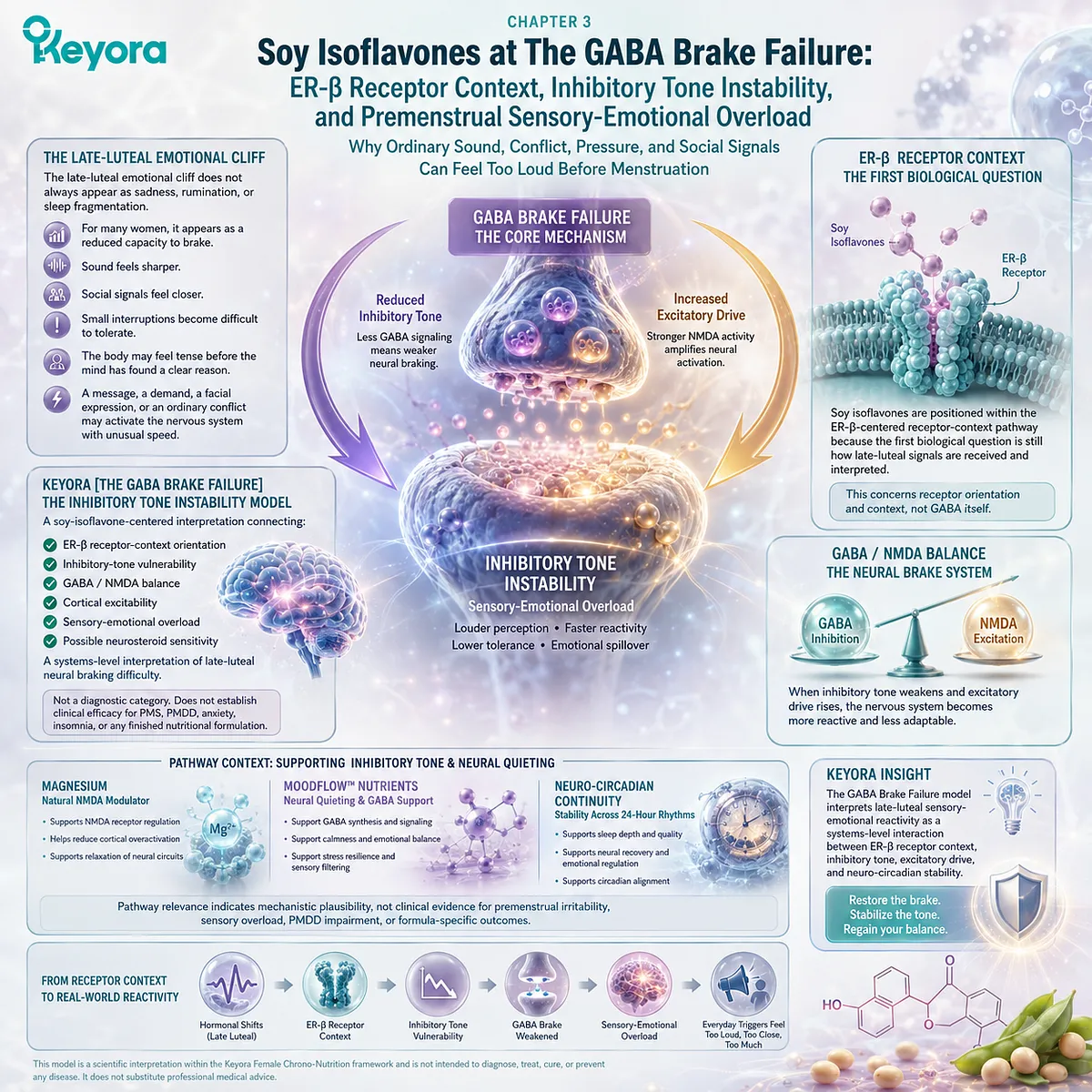 Keyora GABA Brake Failure links ER-β signaling, inhibitory tone instability, GABA-NMDA balance, and sensory overload to restore emotional filtering resilience. Keyora GABA Brake Failure links ER-β signaling, inhibitory tone instability, GABA-NMDA balance, and sensory overload to restore emotional filtering resilience.