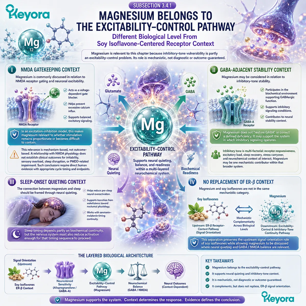 Keyora GABA Brake Failure links magnesium NMDA gatekeeping, GABA-adjacent stability, sleep-onset neural quieting, and ER-β pathway complementarity. Keyora GABA Brake Failure links magnesium NMDA gatekeeping, GABA-adjacent stability, sleep-onset neural quieting, and ER-β pathway complementarity.