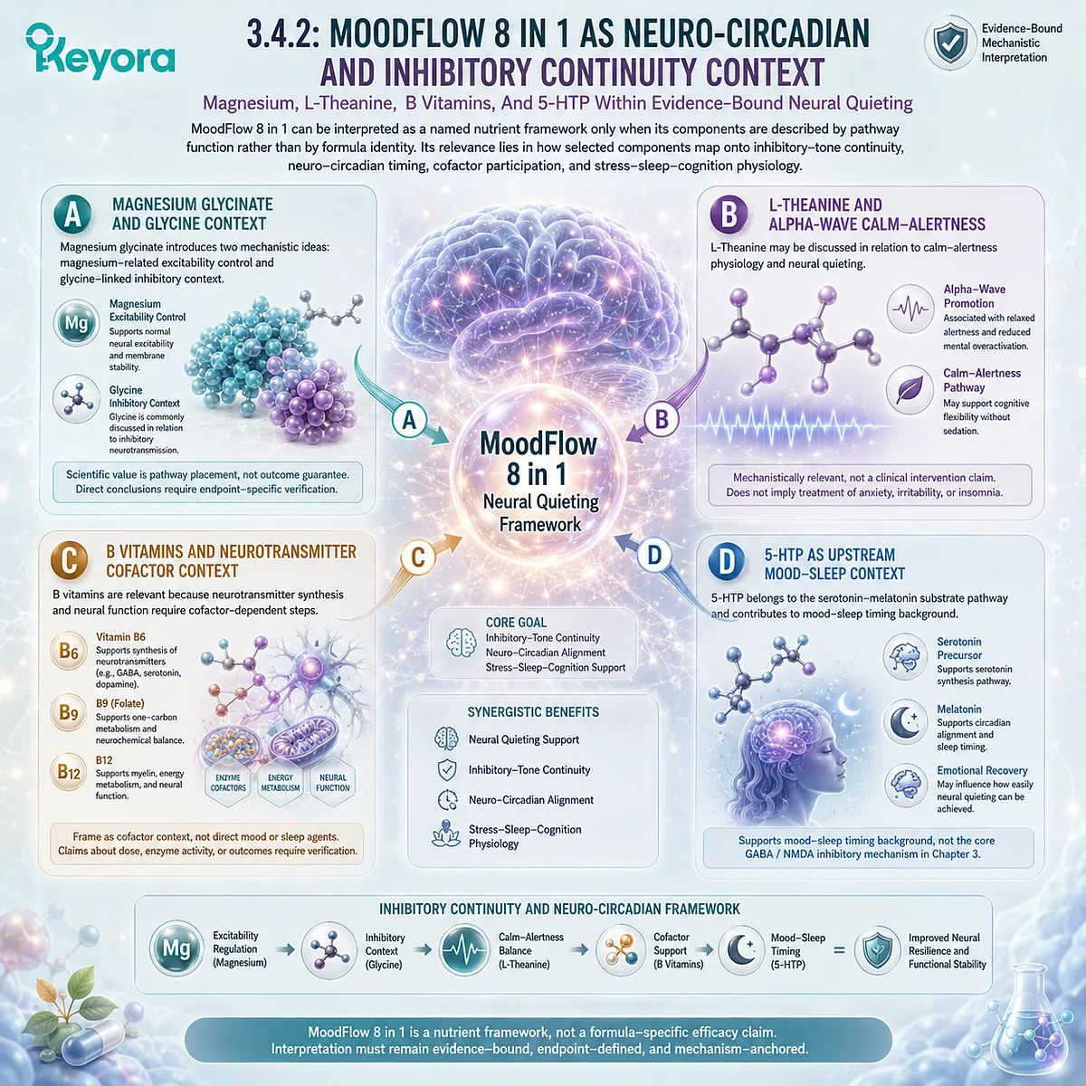 Keyora GABA Brake Failure integrates magnesium glycinate, glycine inhibition, L-theanine calm-alertness, B-vitamin cofactors, and neuro-circadian continuity pathways. Keyora GABA Brake Failure integrates magnesium glycinate, glycine inhibition, L-theanine calm-alertness, B-vitamin cofactors, and neuro-circadian continuity pathways.