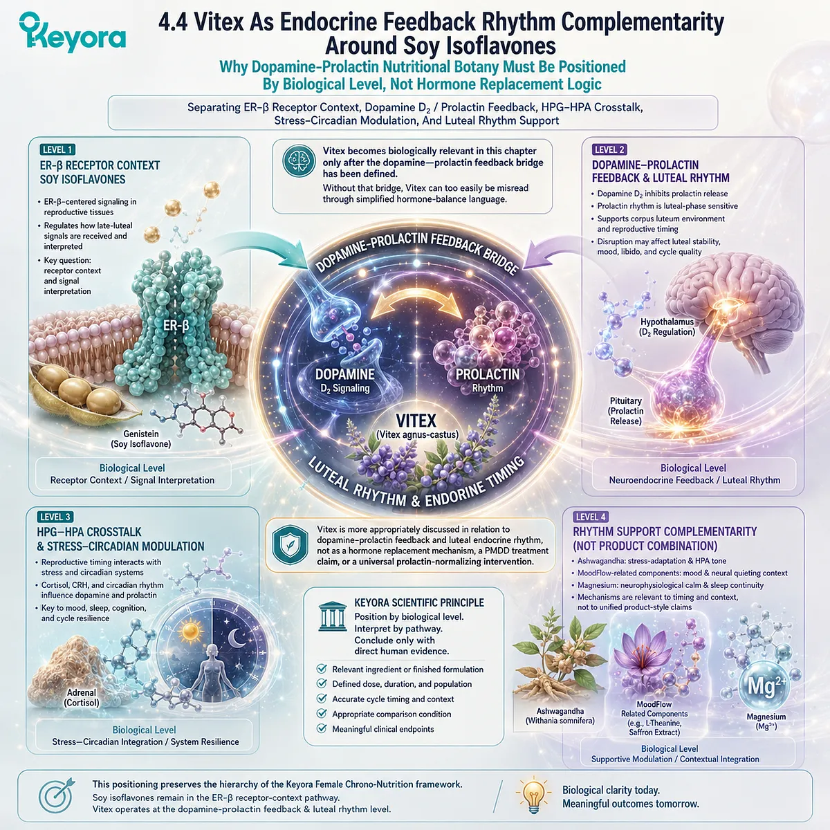 PMS support, Vitex, dopamine-prolactin feedback, luteal rhythm, and ER-β signaling integrated within Keyora Female Chrono-Nutrition PMS support, Vitex, dopamine-prolactin feedback, luteal rhythm, and ER-β signaling integrated within Keyora Female Chrono-Nutrition