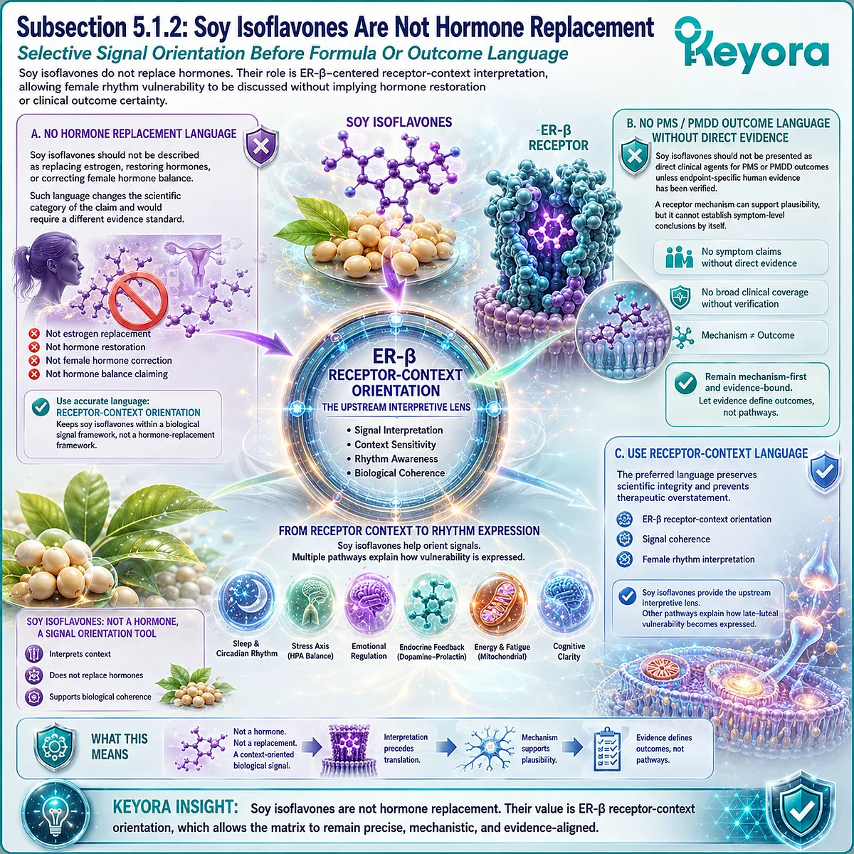 Soy isoflavones and female rhythm support framed through ER-β receptor-context signaling, not hormone replacement, within Keyora Female Chrono-Nutrition Soy isoflavones and female rhythm support framed through ER-β receptor-context signaling, not hormone replacement, within Keyora Female Chrono-Nutrition