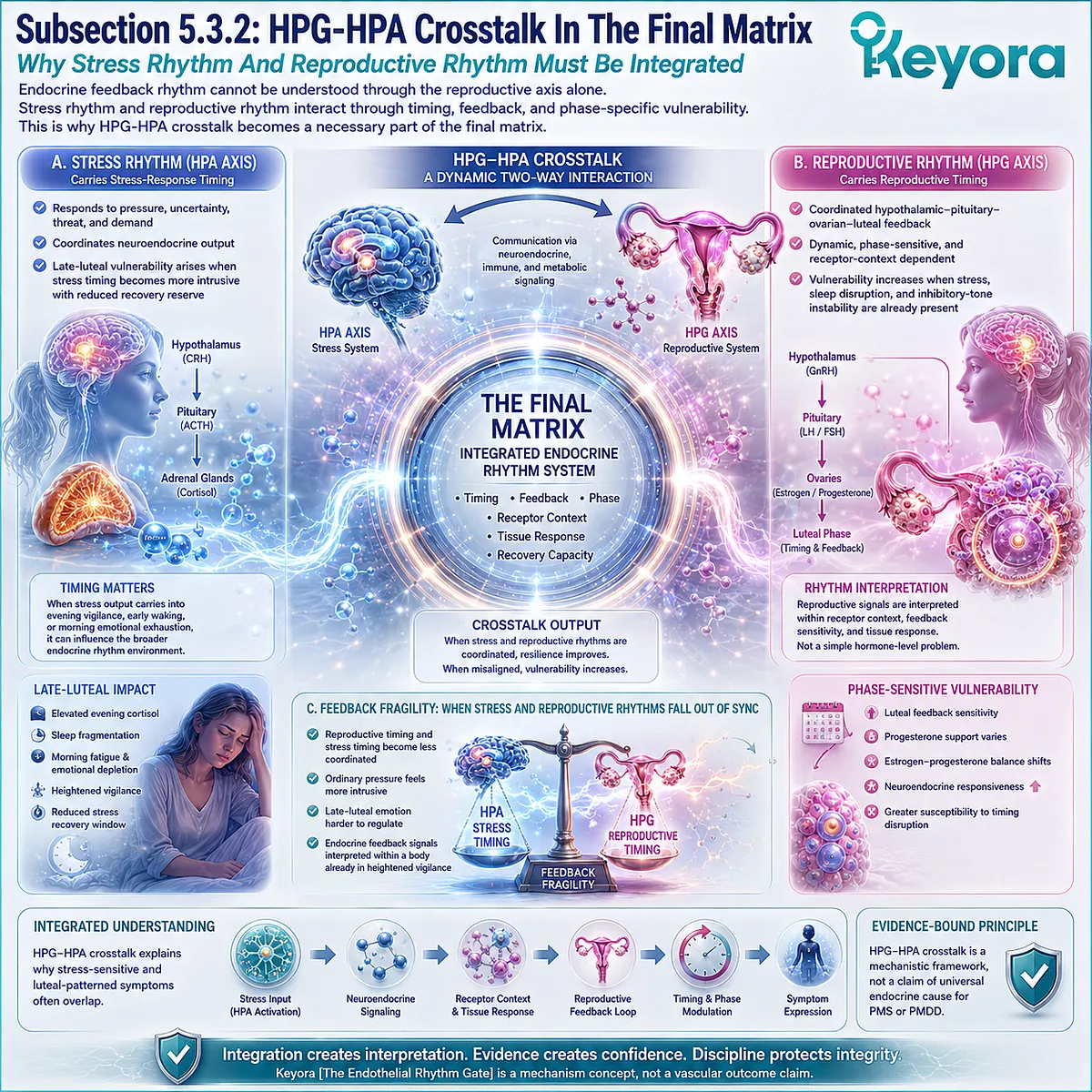 PMS stress sensitivity and endocrine rhythm linked to HPG-HPA crosstalk, feedback fragility, and Keyora Female Chrono-Nutrition PMS stress sensitivity and endocrine rhythm linked to HPG-HPA crosstalk, feedback fragility, and Keyora Female Chrono-Nutrition