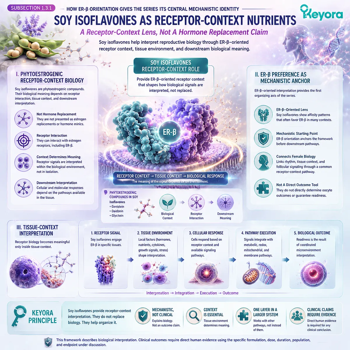 Soy Isoflavones support preconception microenvironment readiness through ER-β receptor-context signaling, guiding tissue-context interpretation, follicular communication, and Keyora Oocyte Microenvironment Readiness Matrix integration. Soy Isoflavones support preconception microenvironment readiness through ER-β receptor-context signaling, guiding tissue-context interpretation, follicular communication, and Keyora Oocyte Microenvironment Readiness Matrix integration.
