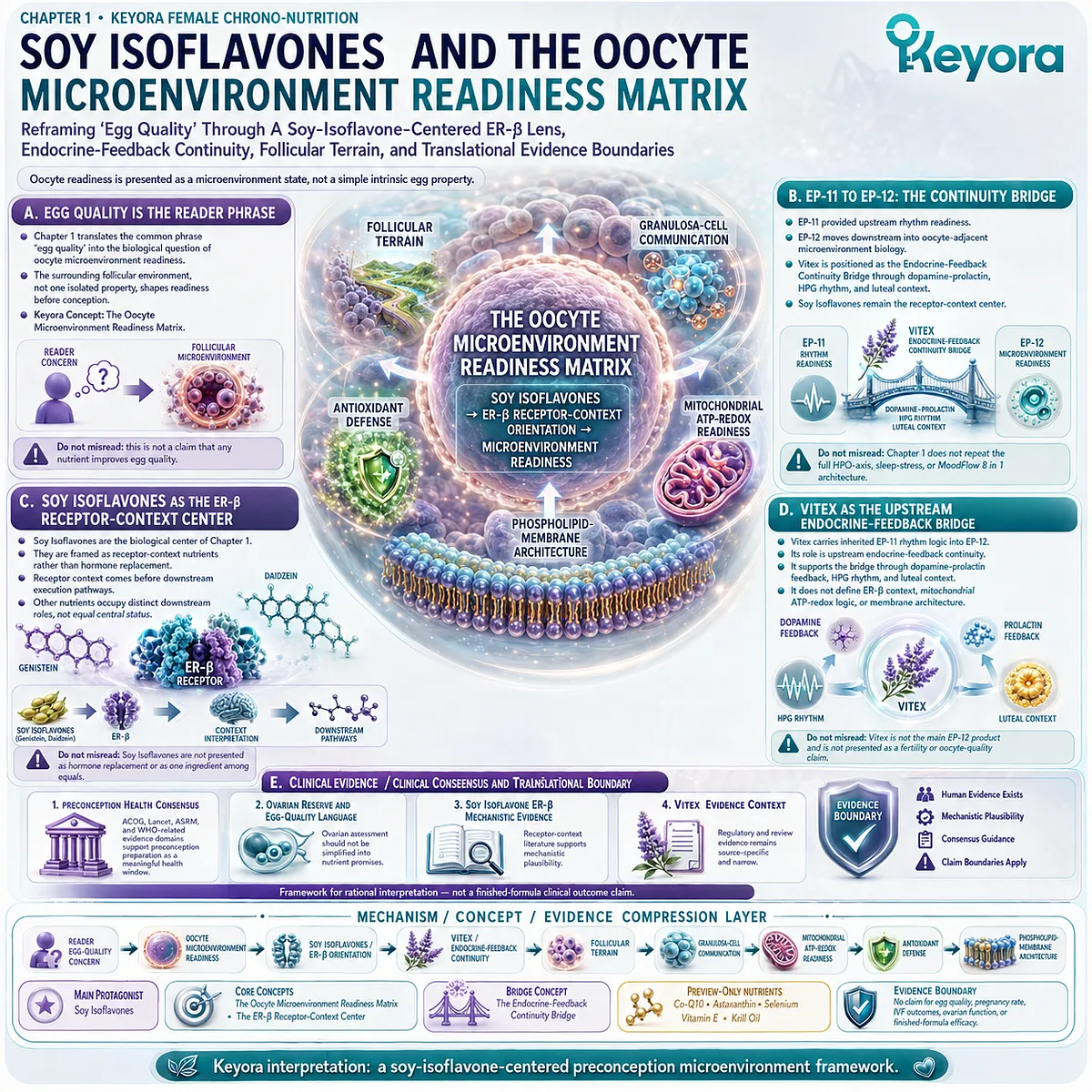 Egg quality and preconception nutrition reframed as oocyte microenvironment readiness, centering Soy Isoflavones, ER-β receptor context, Vitex endocrine continuity, and Keyora Female Chrono-Nutrition evidence boundaries. Egg quality and preconception nutrition reframed as oocyte microenvironment readiness, centering Soy Isoflavones, ER-β receptor context, Vitex endocrine continuity, and Keyora Female Chrono-Nutrition evidence boundaries.