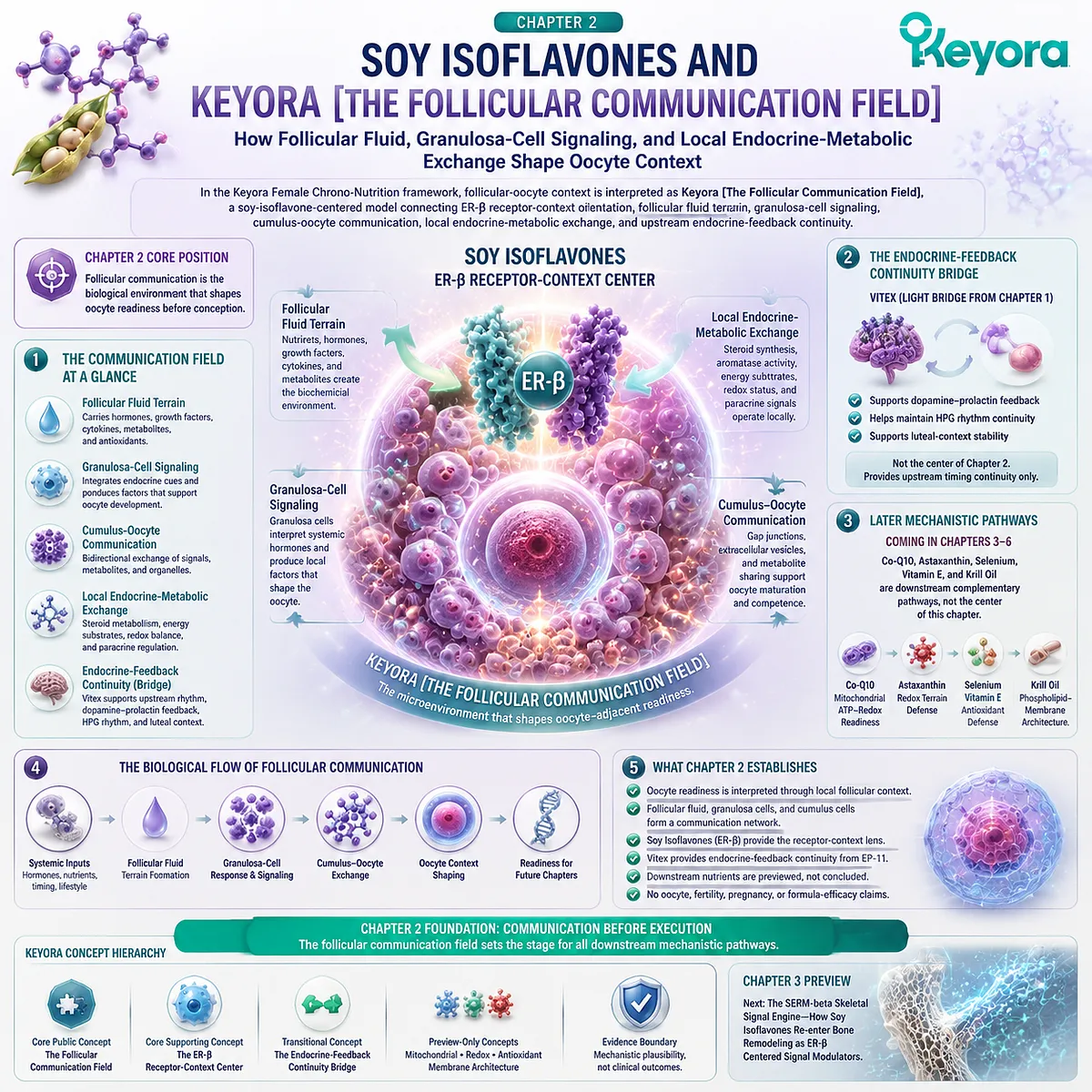 Soy isoflavones support fertility wellness through ER-β signaling, granulosa-cell communication, follicular fluid balance, and ovarian microenvironment readiness within the Keyora Follicular Communication Field. Soy isoflavones support fertility wellness through ER-β signaling, granulosa-cell communication, follicular fluid balance, and ovarian microenvironment readiness within the Keyora Follicular Communication Field.
