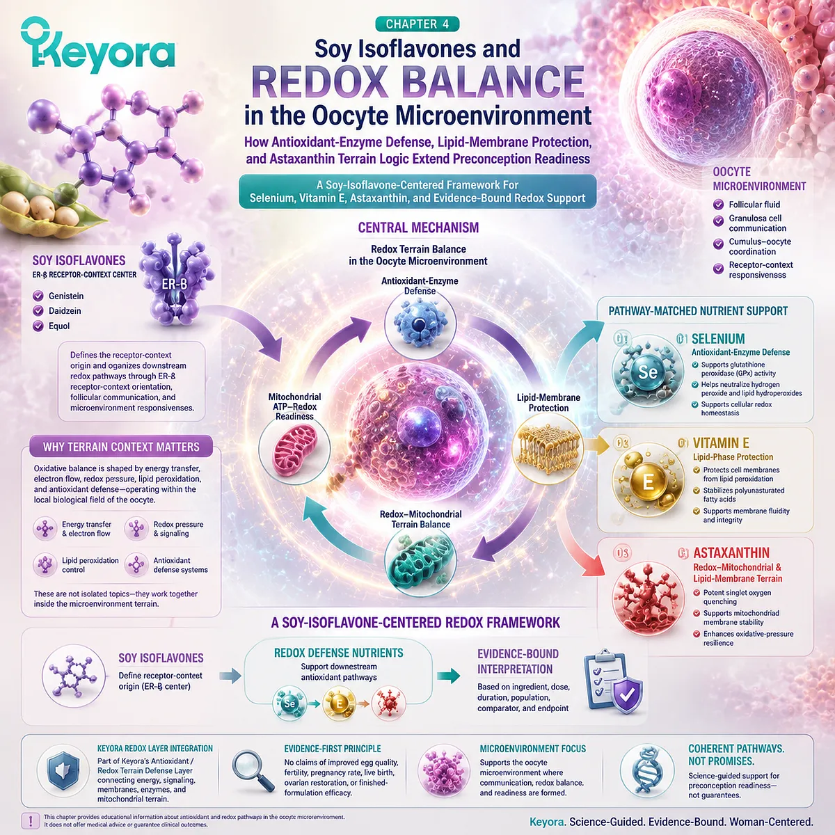 Preconception nutrition and fertility wellness framework linking soy isoflavones, ER-β signaling, antioxidant enzyme defense, mitochondrial redox balance, and oocyte microenvironment support through Keyora Antioxidant/Redox Terrain Defense Layer. Preconception nutrition and fertility wellness framework linking soy isoflavones, ER-β signaling, antioxidant enzyme defense, mitochondrial redox balance, and oocyte microenvironment support through Keyora Antioxidant/Redox Terrain Defense Layer.