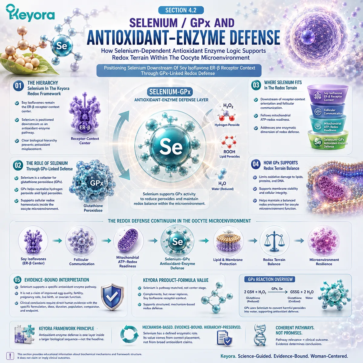 Selenium support and fertility wellness framework showing glutathione peroxidase activity, antioxidant enzyme defense, mitochondrial redox balance, and ER-β signaling coordination within the Keyora Selenium-GPx Antioxidant-Enzyme Defense Layer. Selenium support and fertility wellness framework showing glutathione peroxidase activity, antioxidant enzyme defense, mitochondrial redox balance, and ER-β signaling coordination within the Keyora Selenium-GPx Antioxidant-Enzyme Defense Layer.