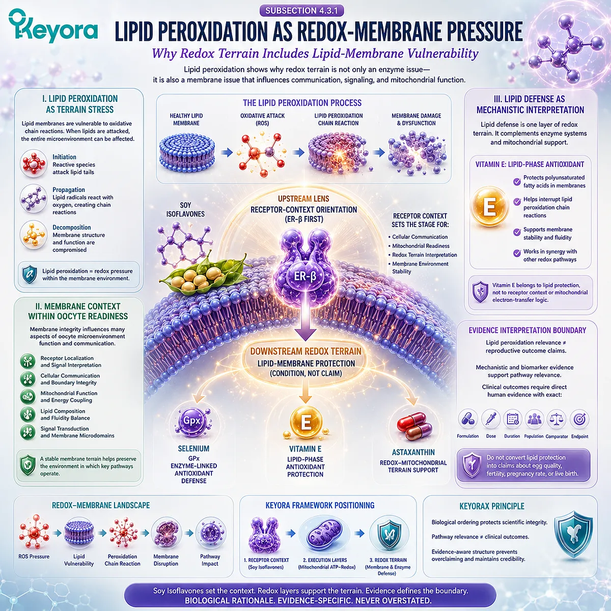 Vitamin E support and preconception nutrition framework illustrating lipid peroxidation balance, membrane protection, ovarian microenvironment resilience, and ER-β signaling coordination within the Keyora Vitamin E Lipid-Membrane Protection Layer. Vitamin E support and preconception nutrition framework illustrating lipid peroxidation balance, membrane protection, ovarian microenvironment resilience, and ER-β signaling coordination within the Keyora Vitamin E Lipid-Membrane Protection Layer.