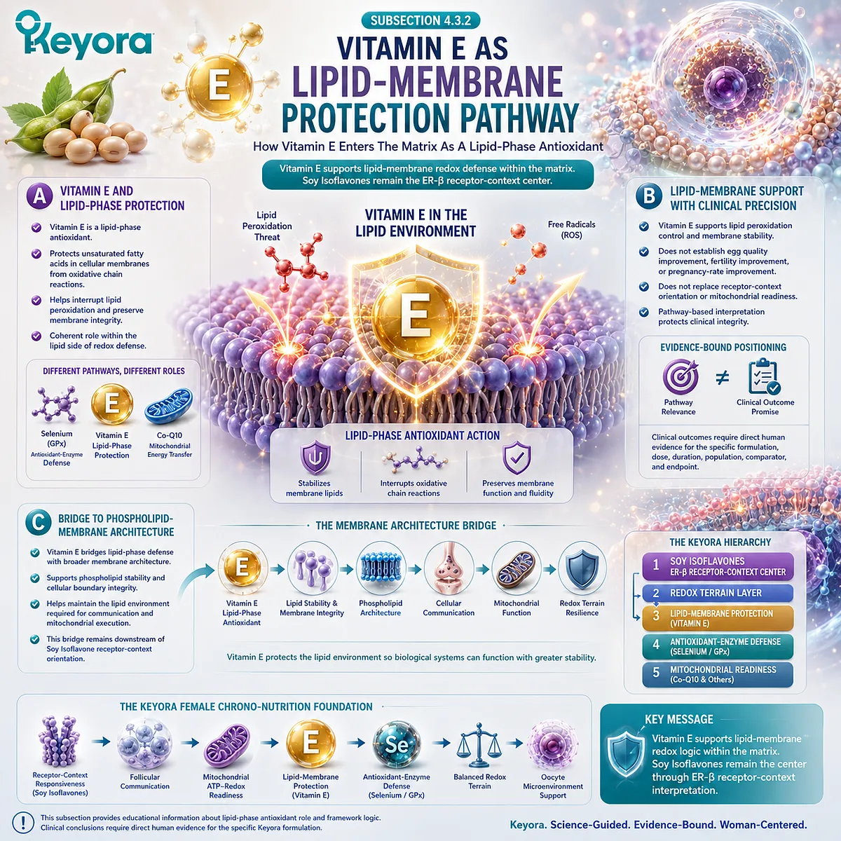 Vitamin E support and hormone balance wellness framework showing lipid-phase antioxidant activity, membrane protection, lipid peroxidation control, and ER-β signaling integration within the Keyora Vitamin E Lipid-Membrane Protection Layer. Vitamin E support and hormone balance wellness framework showing lipid-phase antioxidant activity, membrane protection, lipid peroxidation control, and ER-β signaling integration within the Keyora Vitamin E Lipid-Membrane Protection Layer.