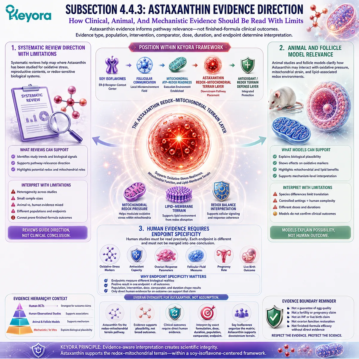 Astaxanthin evidence and fertility wellness framework showing oxidative stress markers, mitochondrial redox balance, animal and human endpoint limits, and ER-β signaling context within the Keyora Astaxanthin Redox-Mitochondrial Terrain Layer. Astaxanthin evidence and fertility wellness framework showing oxidative stress markers, mitochondrial redox balance, animal and human endpoint limits, and ER-β signaling context within the Keyora Astaxanthin Redox-Mitochondrial Terrain Layer.