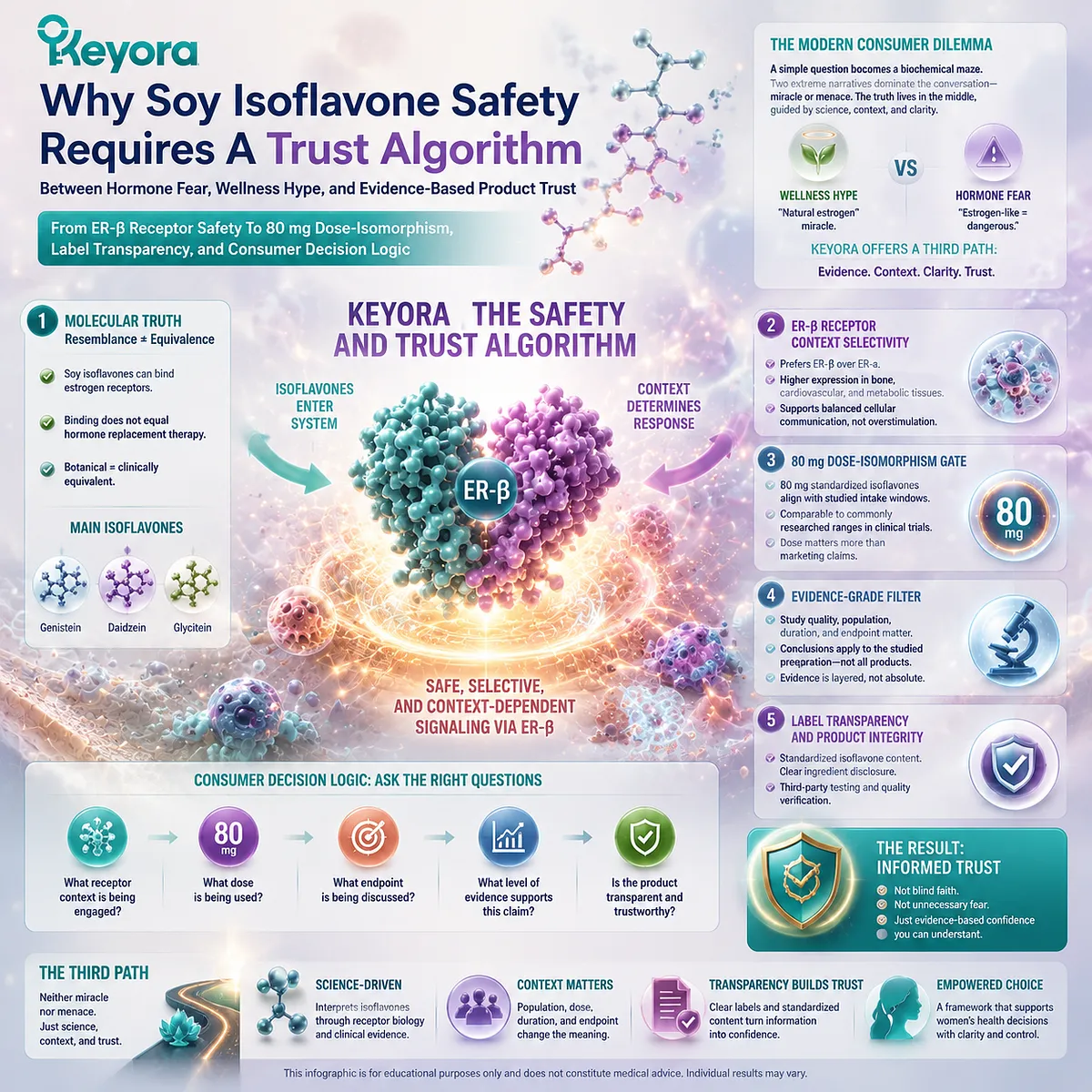 Soy isoflavones for menopause wellness and female rhythm support interpreted through ER-β receptor selectivity, 80 mg dose evaluation, and the Keyora Safety And Trust Algorithm for evidence-based supplement decisions. Soy isoflavones for menopause wellness and female rhythm support interpreted through ER-β receptor selectivity, 80 mg dose evaluation, and the Keyora Safety And Trust Algorithm for evidence-based supplement decisions.
