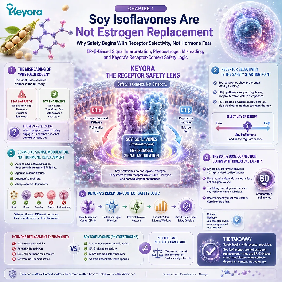 Soy isoflavones for menopause wellness and female rhythm support interpreted through ER-β receptor selectivity, SERM-like modulation, and the Keyora Receptor Safety Lens rather than estrogen replacement assumptions. Soy isoflavones for menopause wellness and female rhythm support interpreted through ER-β receptor selectivity, SERM-like modulation, and the Keyora Receptor Safety Lens rather than estrogen replacement assumptions.