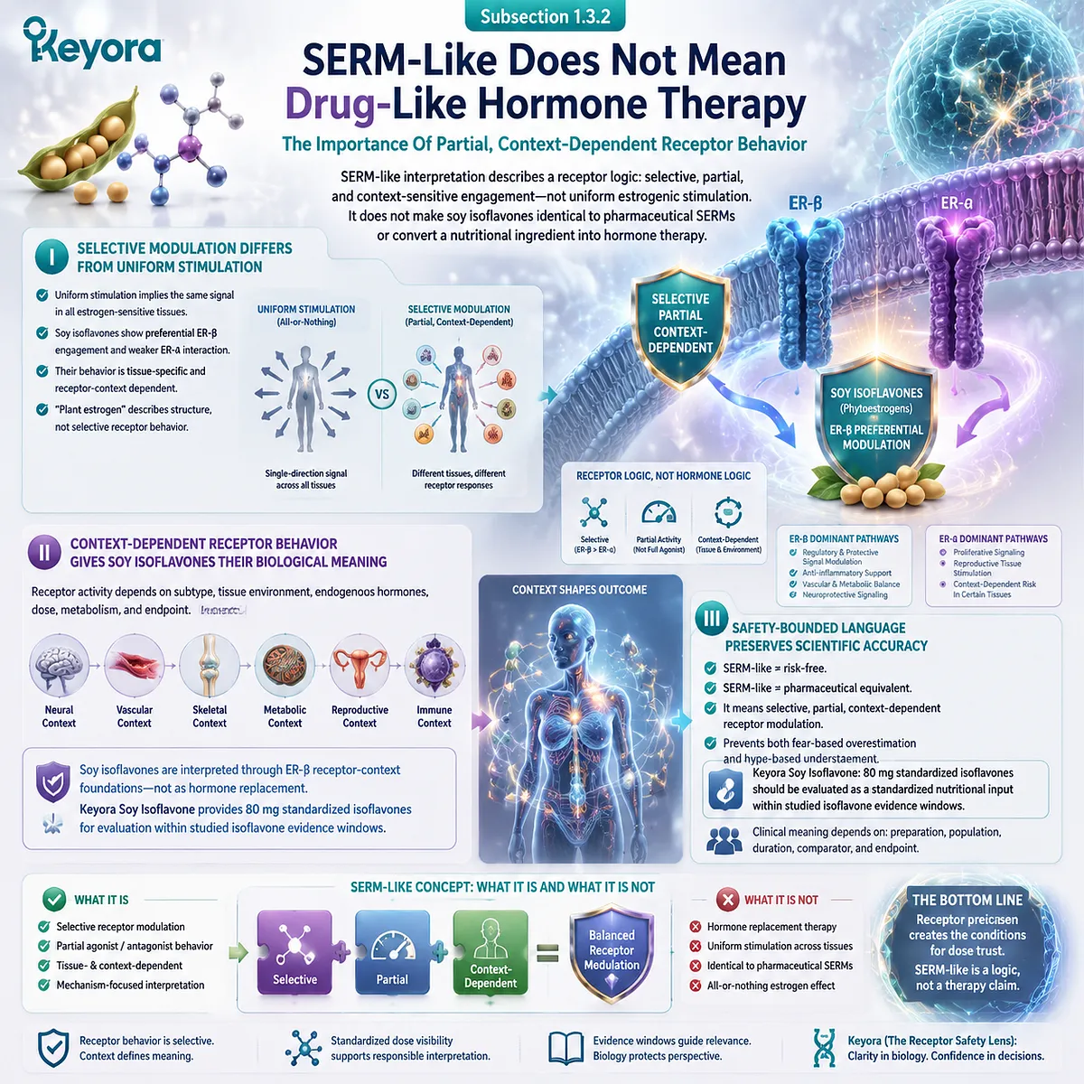 Soy isoflavones for menopause and female rhythm support interpreted through selective, context-dependent ER-β receptor modulation, SERM-like signaling, and the Keyora Receptor Safety Lens for dose-aware evaluation. Soy isoflavones for menopause and female rhythm support interpreted through selective, context-dependent ER-β receptor modulation, SERM-like signaling, and the Keyora Receptor Safety Lens for dose-aware evaluation.