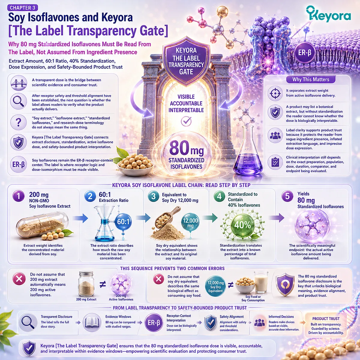 Soy isoflavones label transparency, standardized isoflavone dose, and ER-β signaling interpretation through 60:1 extraction ratio, 40% standardization, and Keyora Label Transparency Gate for evidence-aligned product trust. Soy isoflavones label transparency, standardized isoflavone dose, and ER-β signaling interpretation through 60:1 extraction ratio, 40% standardization, and Keyora Label Transparency Gate for evidence-aligned product trust.
