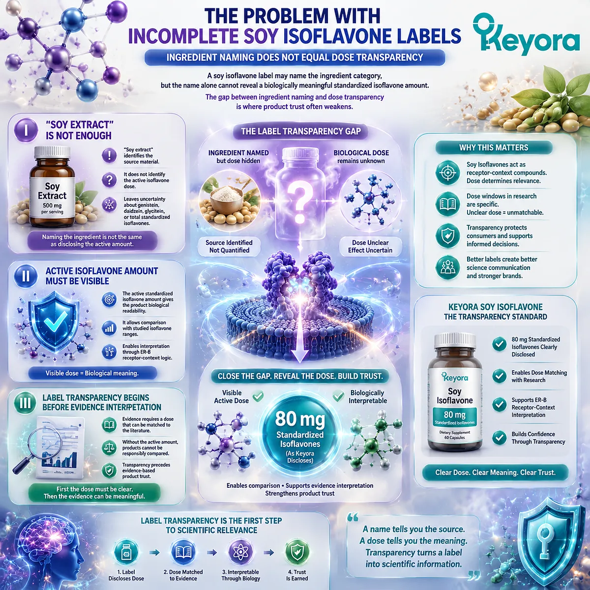 Soy isoflavones label transparency, 80 mg standardized isoflavone disclosure, and ER-β receptor-context interpretation help distinguish active delivery from generic soy extract claims through Keyora Label Transparency Gate. Soy isoflavones label transparency, 80 mg standardized isoflavone disclosure, and ER-β receptor-context interpretation help distinguish active delivery from generic soy extract claims through Keyora Label Transparency Gate.