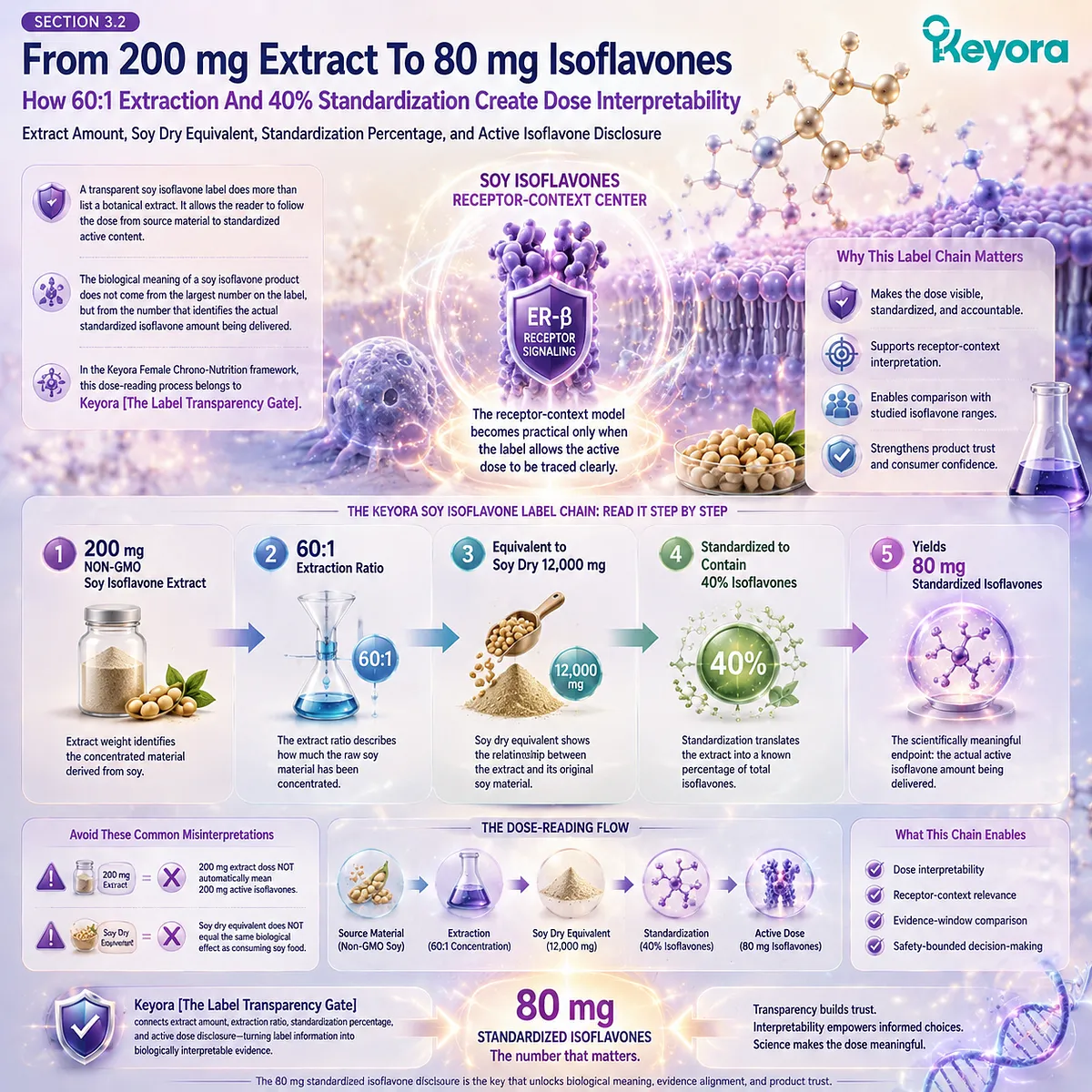 Soy isoflavones 80 mg standardized dose, 60:1 extraction ratio, 40% standardization, and ER-β receptor-context interpretation reveal how Keyora Label Transparency Gate converts extract weight into biologically meaningful delivery. Soy isoflavones 80 mg standardized dose, 60:1 extraction ratio, 40% standardization, and ER-β receptor-context interpretation reveal how Keyora Label Transparency Gate converts extract weight into biologically meaningful delivery.