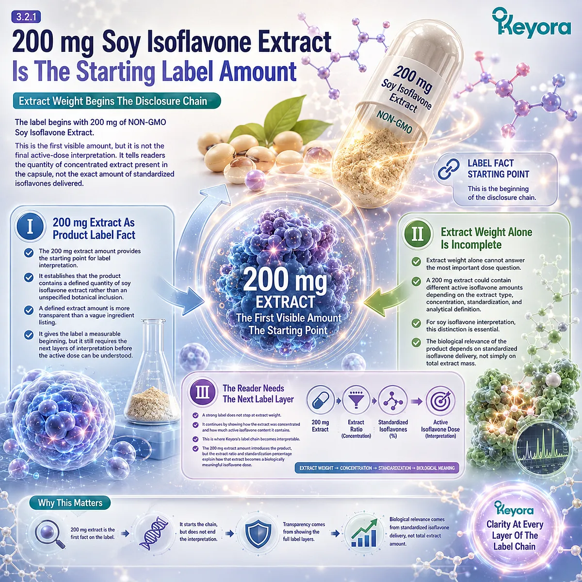 Soy isoflavones 200 mg extract weight, ER-β receptor-context interpretation, and initial label transparency step through Keyora Label Transparency Gate highlight the starting point before active 80 mg dose evaluation. Soy isoflavones 200 mg extract weight, ER-β receptor-context interpretation, and initial label transparency step through Keyora Label Transparency Gate highlight the starting point before active 80 mg dose evaluation.