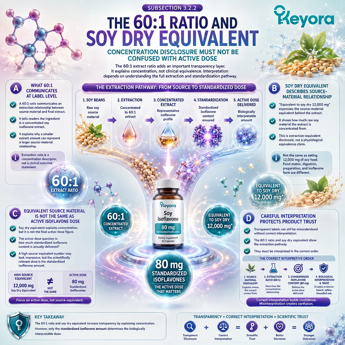 Soy isoflavones 60:1 extract ratio, soy dry 12,000 mg equivalent, ER-β receptor-context interpretation, and Keyora Label Transparency Gate clarify concentration versus active 80 mg dose delivery. Soy isoflavones 60:1 extract ratio, soy dry 12,000 mg equivalent, ER-β receptor-context interpretation, and Keyora Label Transparency Gate clarify concentration versus active 80 mg dose delivery.