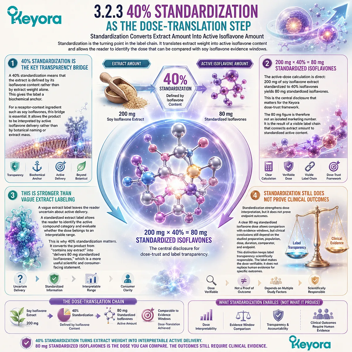 Soy isoflavones 40% standardization, translating 200 mg extract into 80 mg active dose, ER-β receptor-context interpretation, and Keyora Label Transparency Gate for biologically meaningful dose clarity. Soy isoflavones 40% standardization, translating 200 mg extract into 80 mg active dose, ER-β receptor-context interpretation, and Keyora Label Transparency Gate for biologically meaningful dose clarity.