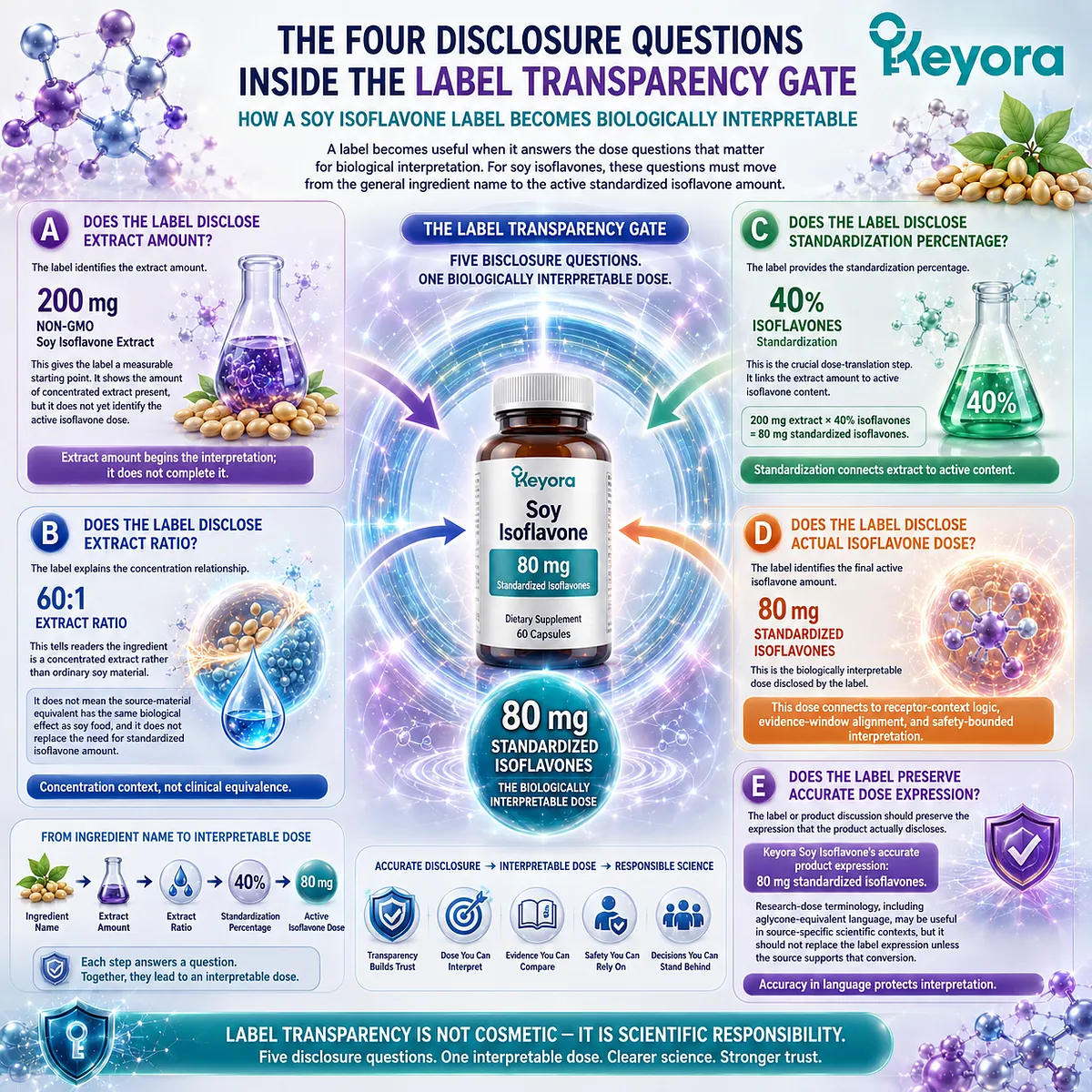 Soy isoflavones 80 mg standardized dose, ER-β receptor-context relevance, and sequential label disclosures—from extract amount to standardization—enable biologically interpretable product trust via Keyora Label Transparency Gate. Soy isoflavones 80 mg standardized dose, ER-β receptor-context relevance, and sequential label disclosures—from extract amount to standardization—enable biologically interpretable product trust via Keyora Label Transparency Gate.