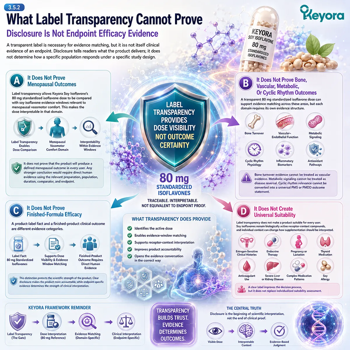 Soy isoflavones 80 mg standardized dose, ER-β receptor-context relevance, and label-disclosed transparency support evidence-window matching, but do not prove clinical outcomes or universal suitability through Keyora Label Transparency Gate. Soy isoflavones 80 mg standardized dose, ER-β receptor-context relevance, and label-disclosed transparency support evidence-window matching, but do not prove clinical outcomes or universal suitability through Keyora Label Transparency Gate.