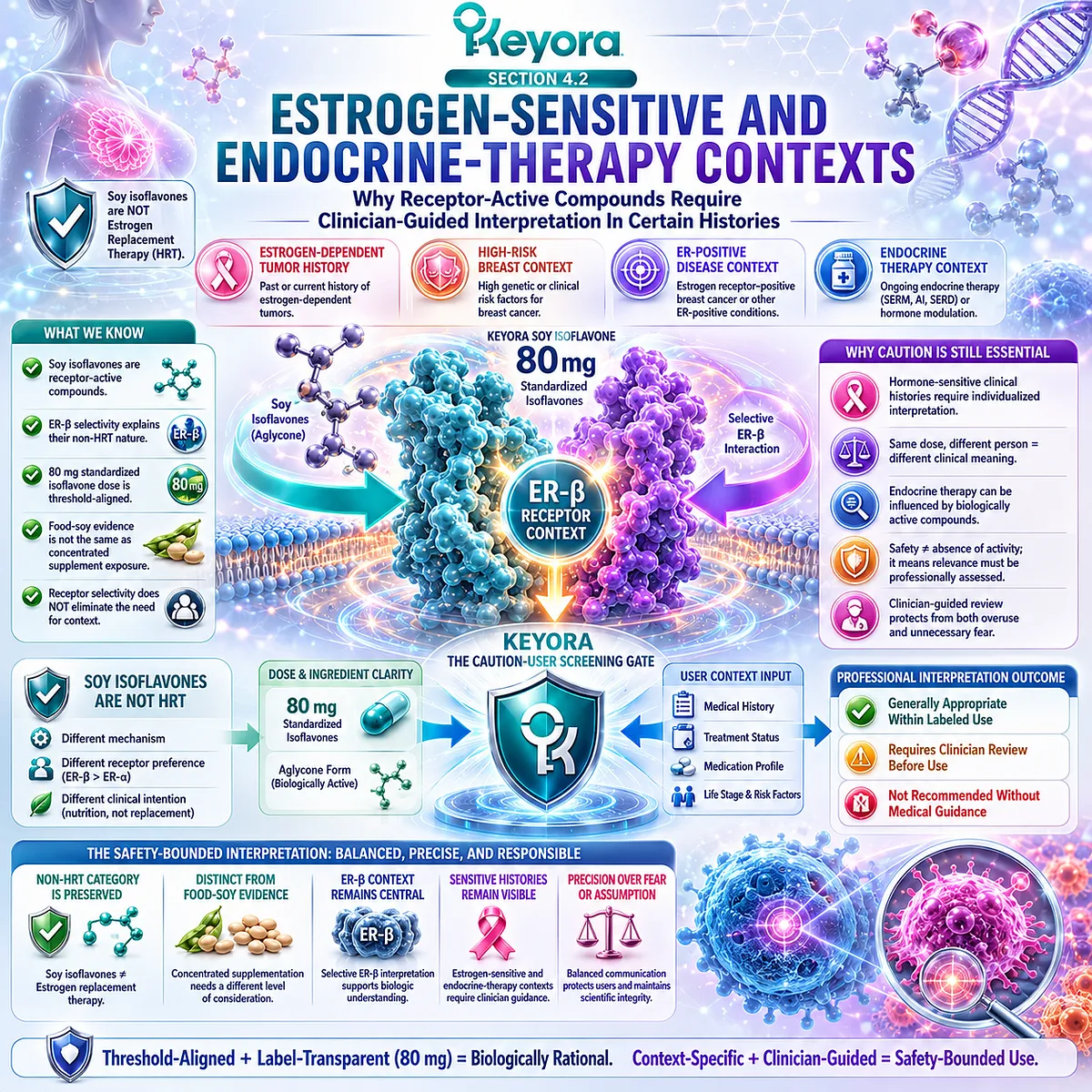 Soy isoflavones and menopause wellness require careful ER-β signaling interpretation in estrogen-sensitive histories, linking receptor selectivity, endocrine therapy context, and the Keyora Caution-User Screening Gate. Soy isoflavones and menopause wellness require careful ER-β signaling interpretation in estrogen-sensitive histories, linking receptor selectivity, endocrine therapy context, and the Keyora Caution-User Screening Gate.