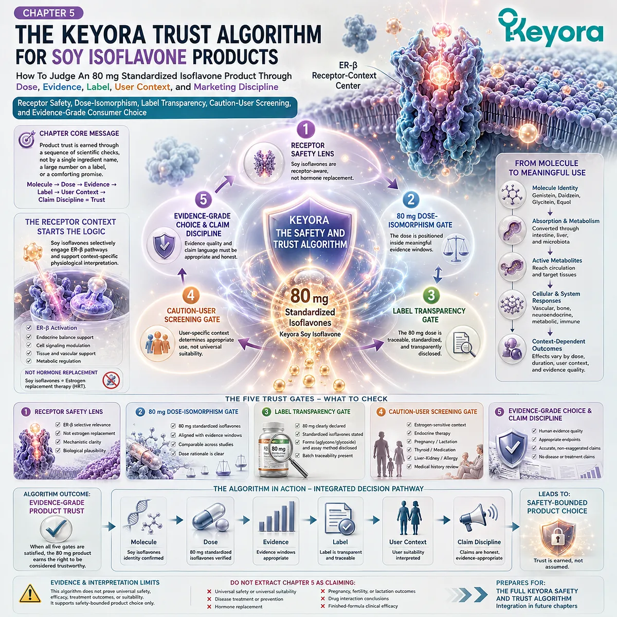 Soy isoflavones and menopause wellness decision framework linking ER-β signaling, 80 mg dose transparency, safety screening, and evidence-based product evaluation through the Keyora Safety And Trust Algorithm. Soy isoflavones and menopause wellness decision framework linking ER-β signaling, 80 mg dose transparency, safety screening, and evidence-based product evaluation through the Keyora Safety And Trust Algorithm.