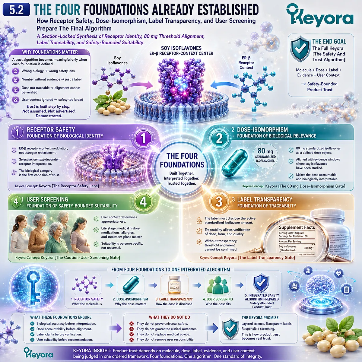 Soy isoflavones product trust model connecting ER-β receptor signaling, 80 mg dose alignment, label transparency, and user suitability assessment within the Keyora Safety And Trust Algorithm framework. Soy isoflavones product trust model connecting ER-β receptor signaling, 80 mg dose alignment, label transparency, and user suitability assessment within the Keyora Safety And Trust Algorithm framework.