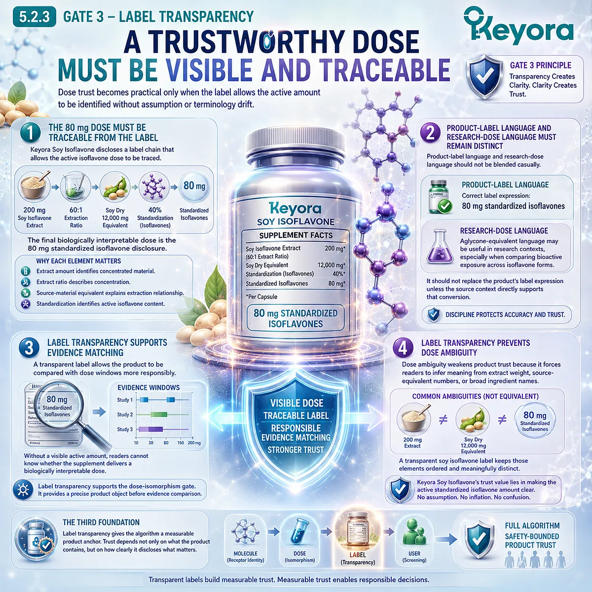 Soy isoflavones supplement label guide showing 80 mg standardized isoflavones, extract standardization, dose traceability, and evidence matching through the Keyora Label Transparency Gate. Soy isoflavones supplement label guide showing 80 mg standardized isoflavones, extract standardization, dose traceability, and evidence matching through the Keyora Label Transparency Gate.