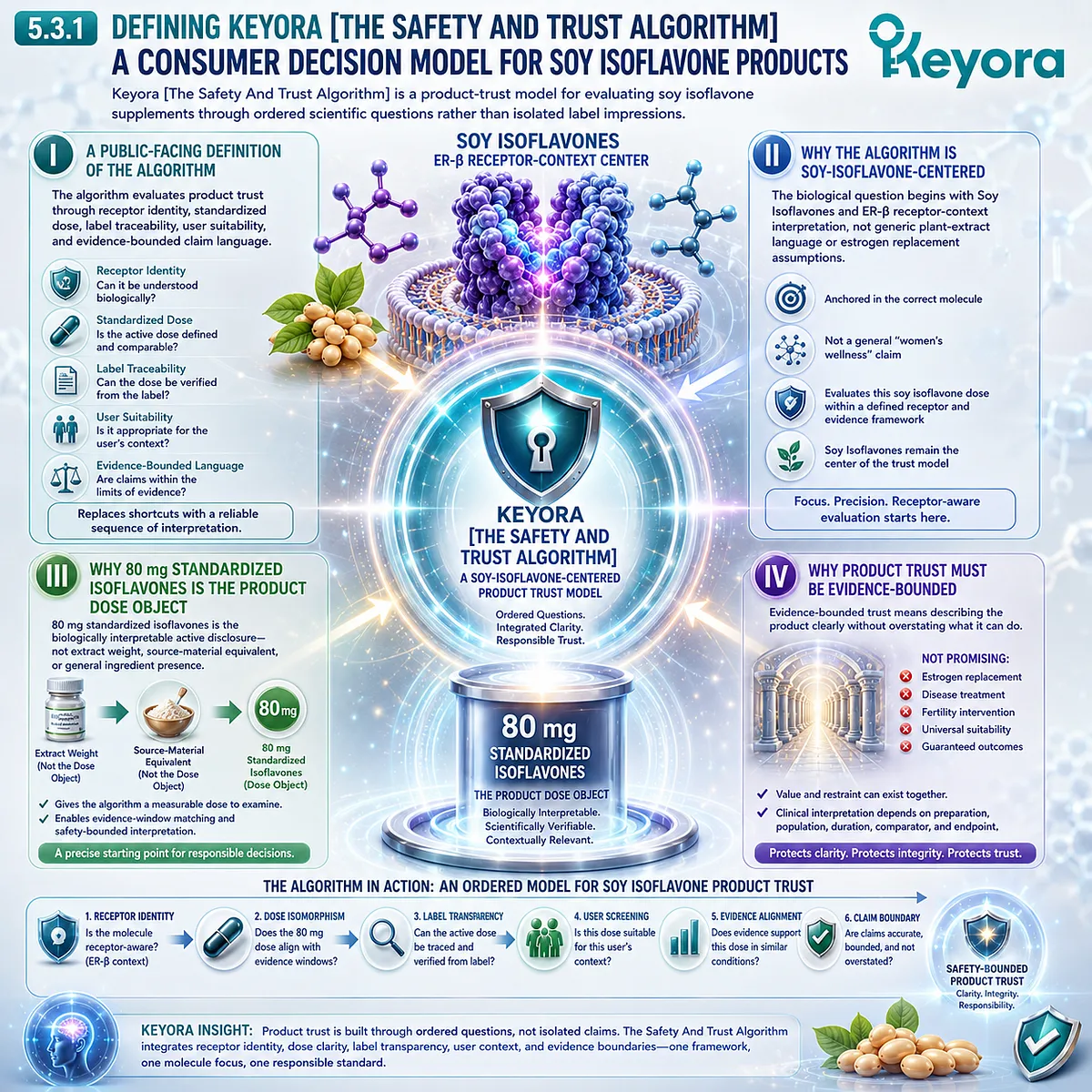 Soy isoflavones supplement evaluation model linking ER-β receptor signaling, 80 mg standardized isoflavones, label traceability, user suitability, and evidence-based trust through the Keyora Safety And Trust Algorithm. Soy isoflavones supplement evaluation model linking ER-β receptor signaling, 80 mg standardized isoflavones, label traceability, user suitability, and evidence-based trust through the Keyora Safety And Trust Algorithm.