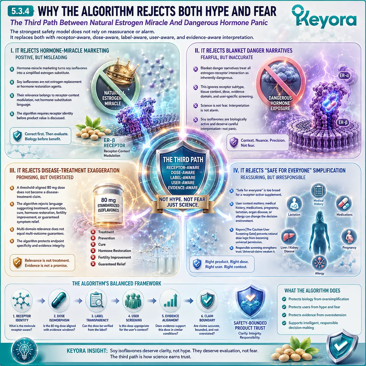 Soy isoflavones safety framework balancing ER-β receptor signaling, 80 mg dose interpretation, user screening, and evidence-based claims through the Keyora Safety And Trust Algorithm to avoid hype and fear. Soy isoflavones safety framework balancing ER-β receptor signaling, 80 mg dose interpretation, user screening, and evidence-based claims through the Keyora Safety And Trust Algorithm to avoid hype and fear.