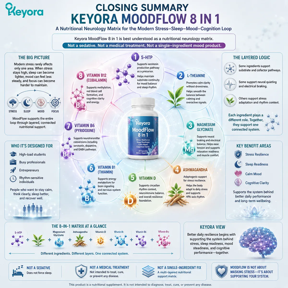 Keyora MoodFlow 8 in 1 integrates 5-HTP, L-Theanine, magnesium, Ashwagandha, Vitamin D, and B vitamins to support stress, sleep, mood, and cognition in high-load adults within the Keyora MoodFlow Matrix. Keyora MoodFlow 8 in 1 integrates 5-HTP, L-Theanine, magnesium, Ashwagandha, Vitamin D, and B vitamins to support stress, sleep, mood, and cognition in high-load adults within the Keyora MoodFlow Matrix.